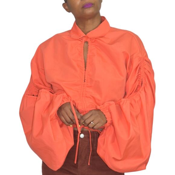 Love Highlight Bubble Sleeve Top Orange Blouse Ruched Cropped Slouchy Size Small - Picture 11 of 15